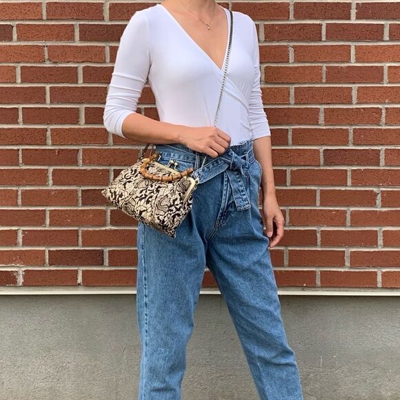 Chic Handmade Real hair-on-horsehide Black Lace Printed, Bamboo Handle Bag - Picture 8 of 16